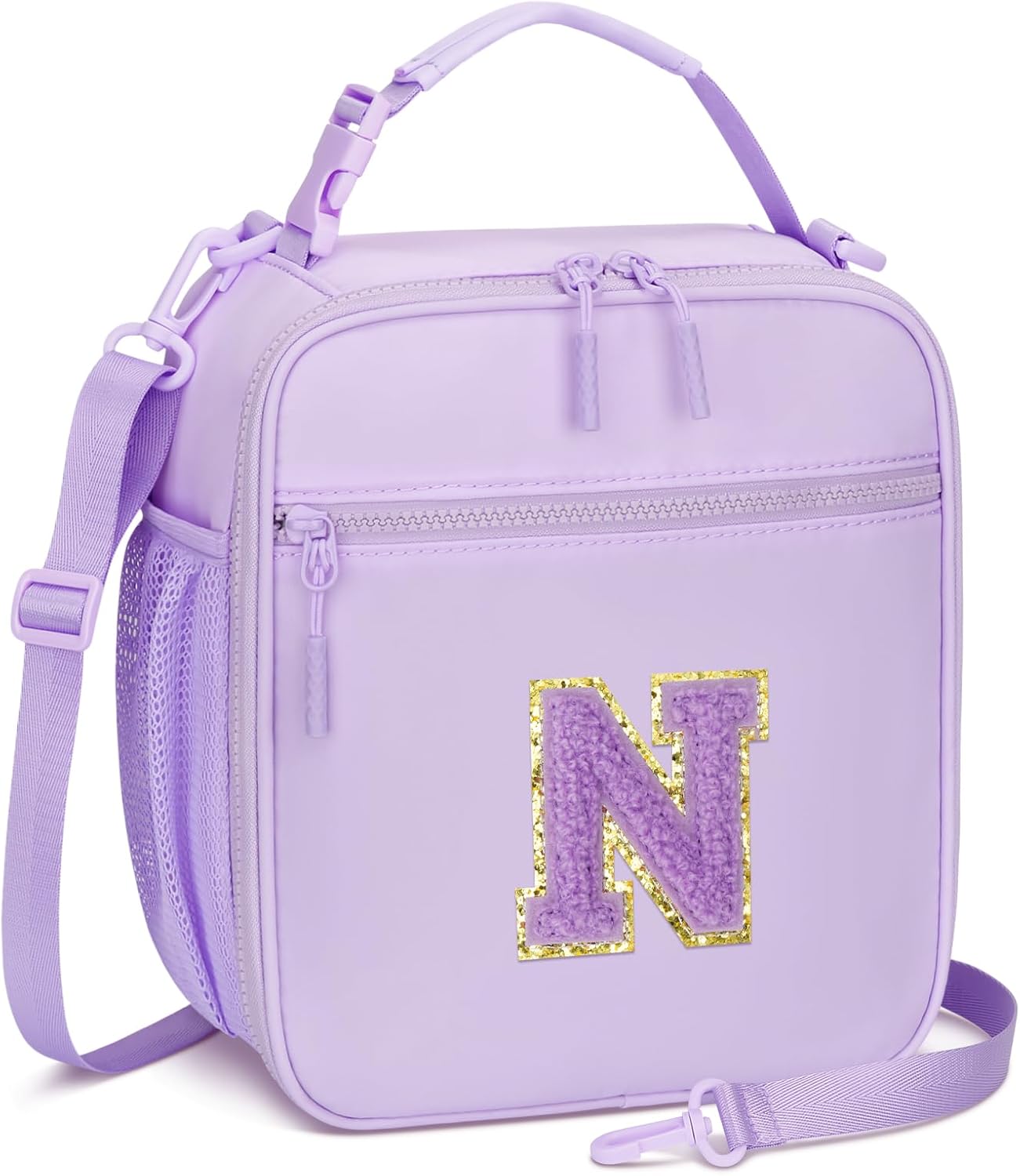 Initial Insulated Lunch Bag for Girls Kids, Back to School Gift, Reusable Leak-proof Lunch Box with Adjustable Strap for School Daycare Travel Picnic (Purple,N)