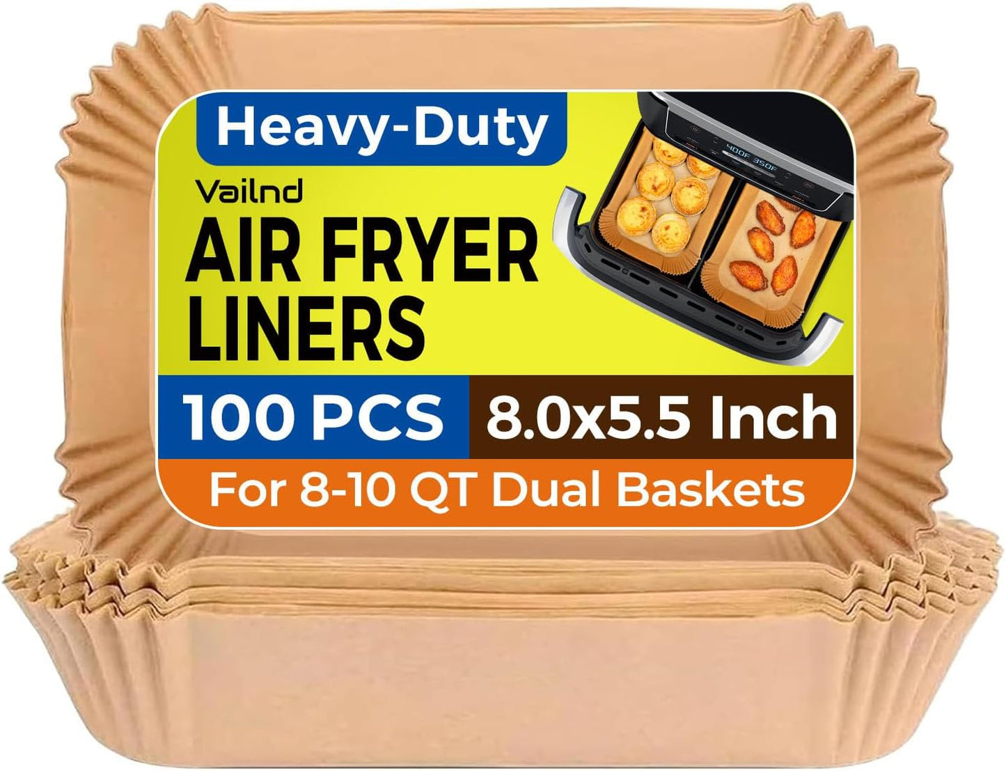 Vailnd Air Fryer Liners Disposable for Dual Basket, 100Pcs 8x5.5 Inch Rectangle Air Fryer Paper Liner for Ninja DZ201 DZ401, Chefman/COSORI 2-Basket Air Fryer, Oil Proof Parchment Paper