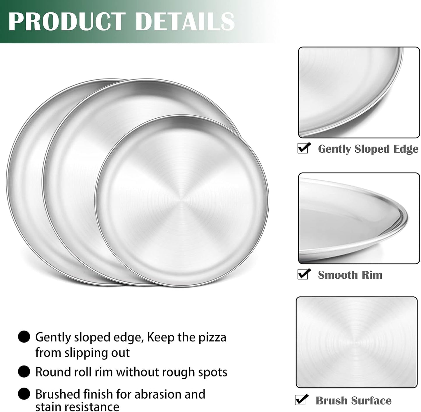 P&P CHEF 12 + 13.5 + 13.5 Inch Pizza Pan, 3 Pieces Stainless Steel Round Pizza Tray Dish Plate For Oven Baking Roasting, Healthy & Heavy Duty, Rust Free & Dishwasher Safe -Silver