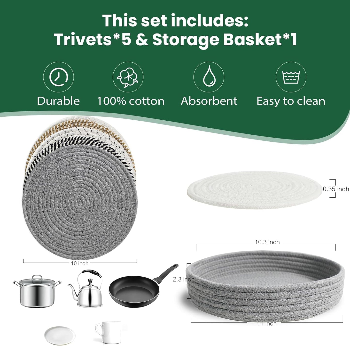 RIOOP 10 Inches Trivets for Hot Dishes, Pots and Pans with Storage Basket, 5 Heat Resistant Large Coaster for Kitchen, Hot Pads Mats for Countertops Table Kitchen Essentials Farmhouse Halloween Decor