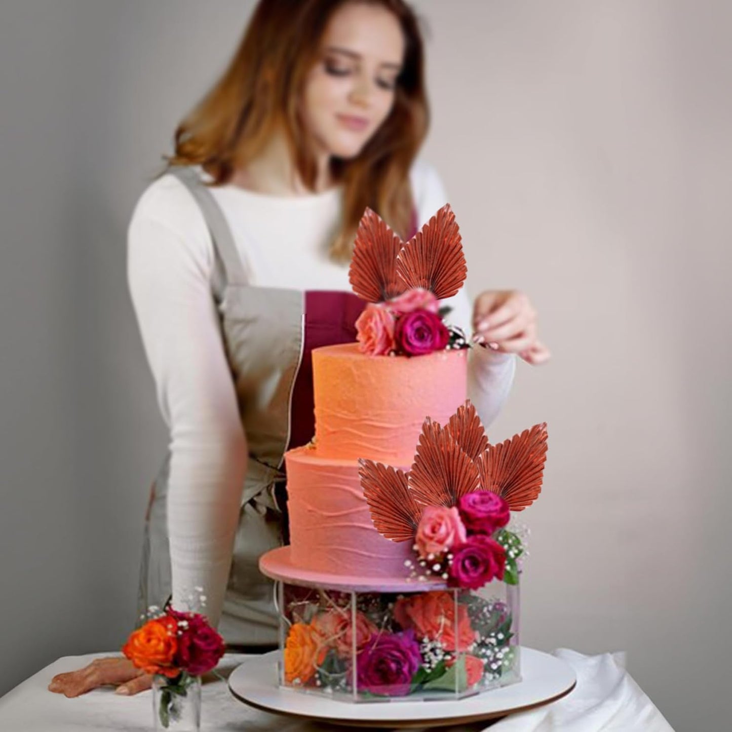 Gyufise 6Pcs Paper Palm Fan Cake Toppers Palm Spear Leaves Fan Cupcake Toppers Cake Insert Decorations Craft DIY Cake Bakeware Decoration for Birthday Wedding Party Supplies Light Rose Gold