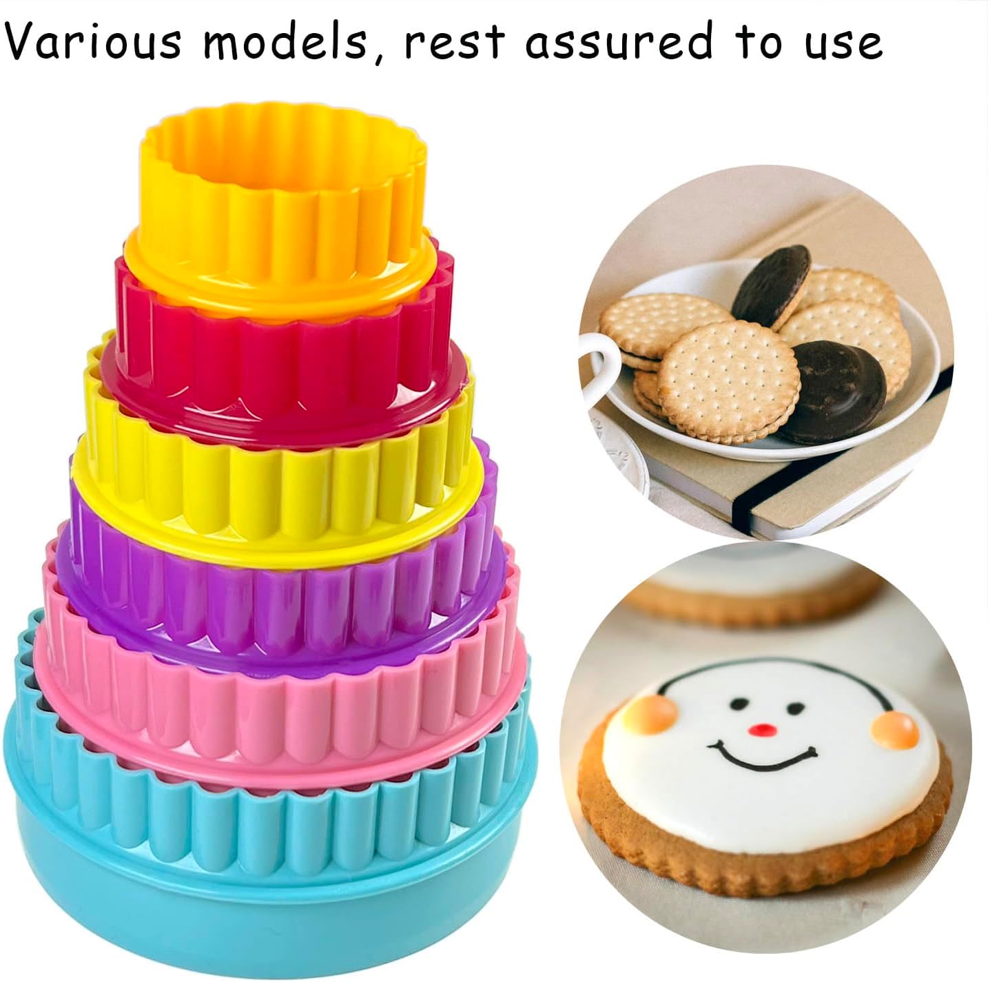 Cookie Biscuit Cutter Set, Two Side Cookie Cutters Plastic Set Multi-size Cake Fruit Vegetable Shapes Cutter Random color (Round Shaped, 6 Pack)