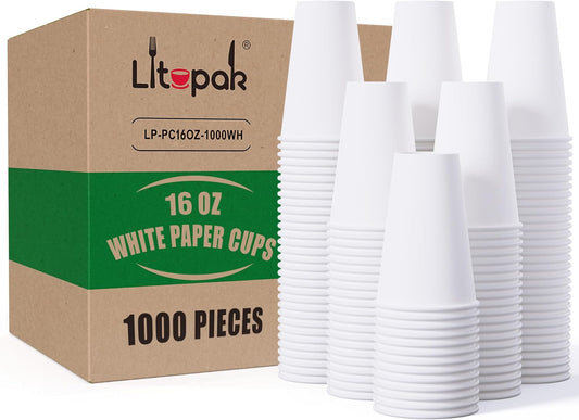 LITOPAK 1000 pack 16 oz Disposable Paper Coffee Cup, Hot Paper Coffee Cups, 16 oz White Paper Cups for Offices, Schools, Shops, Restaurants