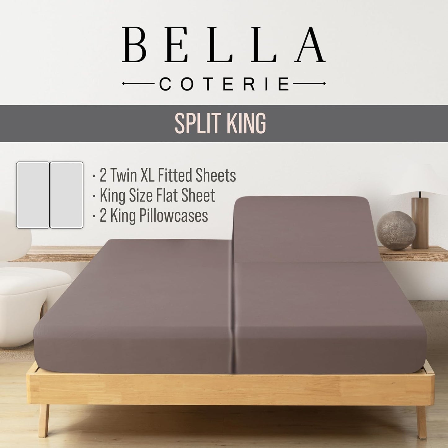 Bella Coterie Luxury Bamboo Viscose Split King Size Sheet Set | 100% Organically Grown | Ultra Soft | Cooling for Hot Sleepers | 18" Deep Pocket [Mocha]