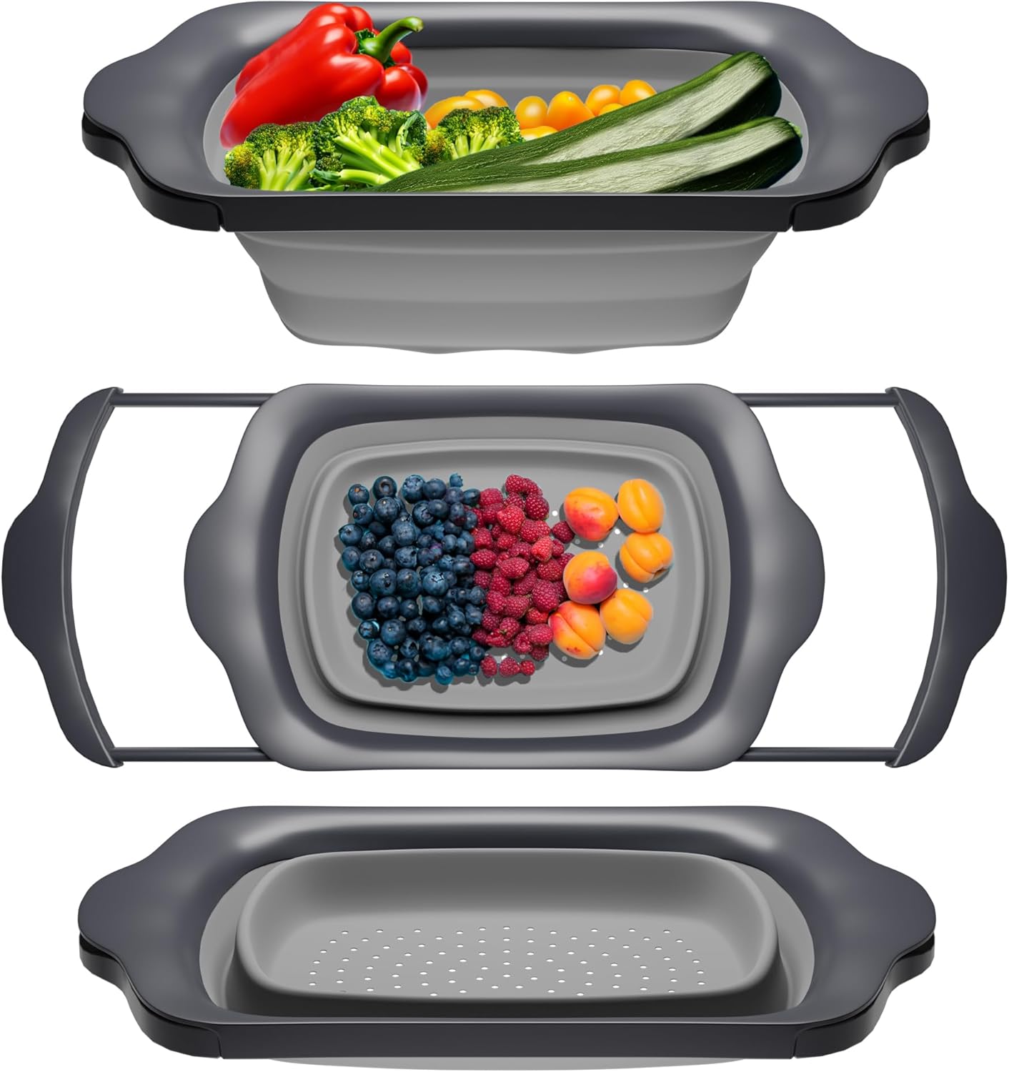 XL Large Kitchen Strainer by Comfify - Collapsible Silicone Over-The-Sink Colander with Extendable Handles - Use with Pasta, Fruit, Berries & Veggie - 6 Quart - Gray