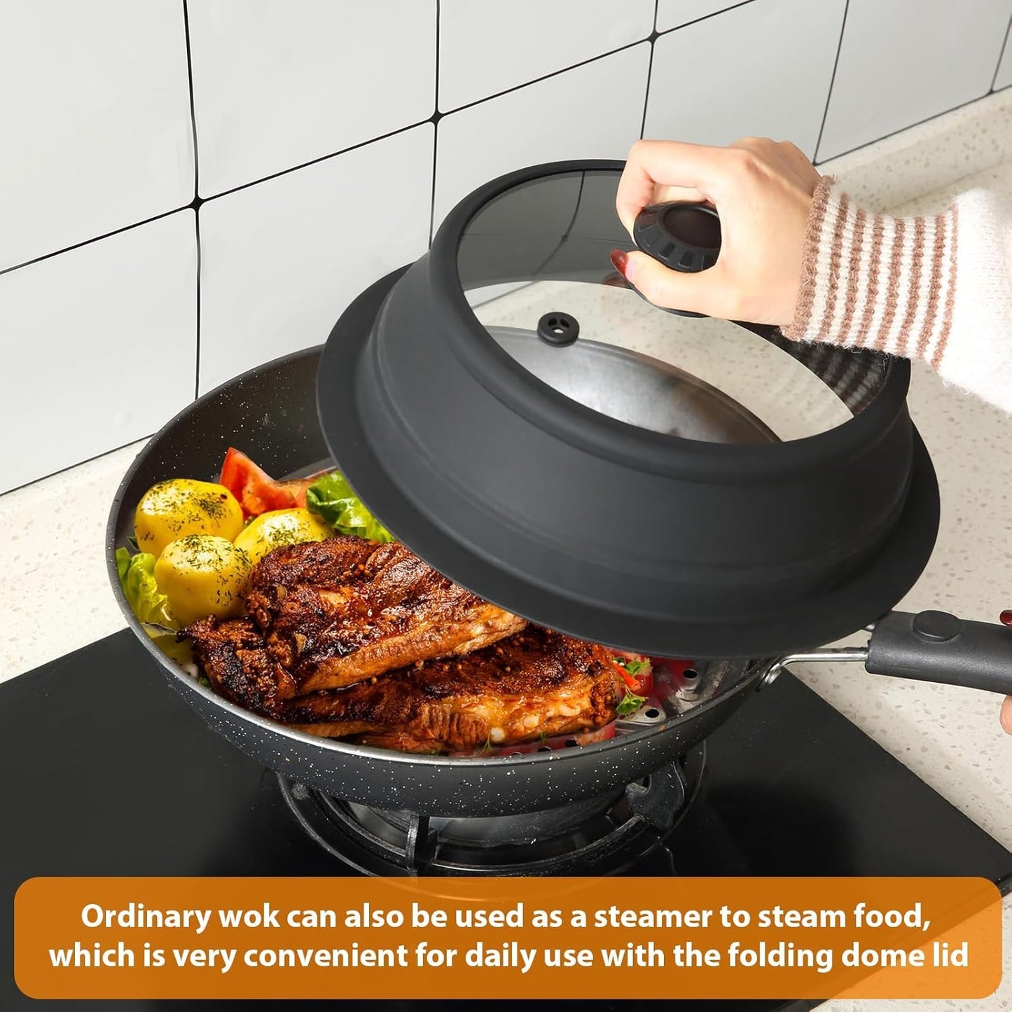 Collapsible Microwave Splatter Lid with Vented Tempered Glass Cover Wok Lid for Microwave Safe, Stockpot Steamer Pot Pan 11-12.5 inch Universal Multifunction Silicone Cover