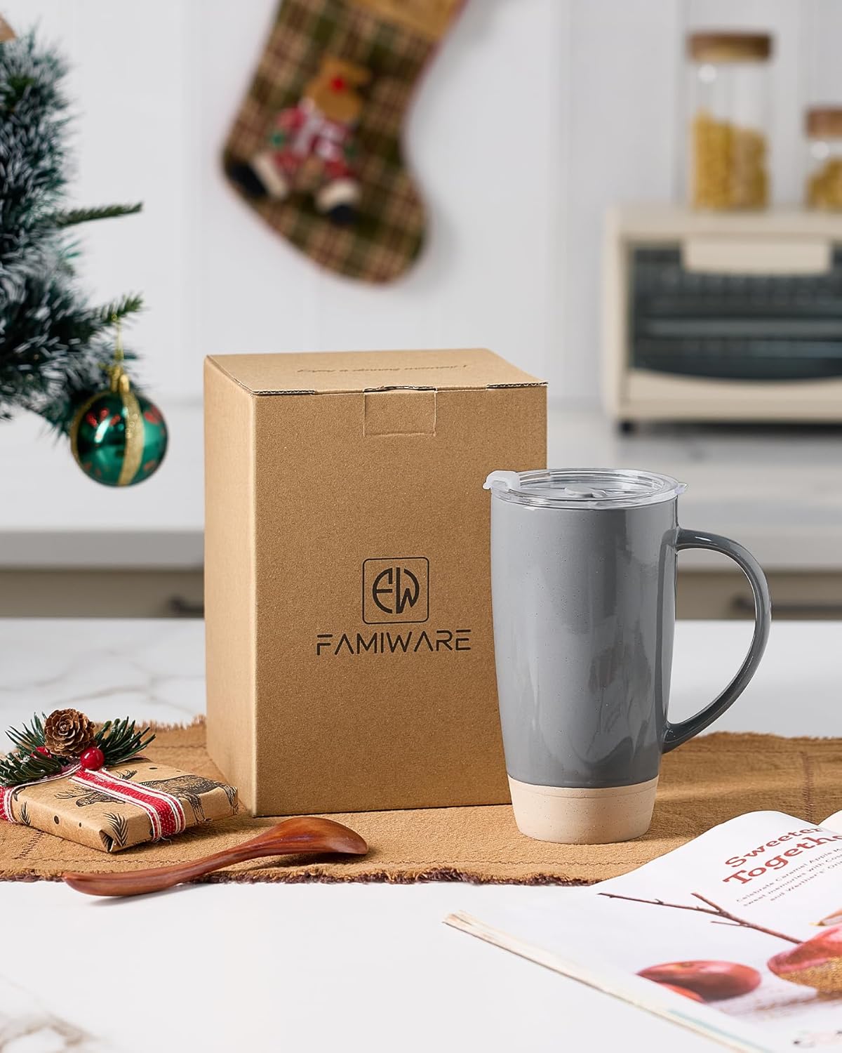 famiware Milkyway Coffee Mugs, 20oz Large Coffee Mug, Ceramic Mug Set of 2 with Lid, Cup Set with Handle for Latte, Tea, Cocoa, Milk, Home & Office, Dark Gray