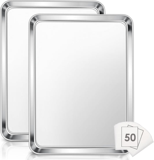 Large Baking Sheet, E-far 18”x13” Stainless Steel Cookie Sheet Pan for Oven with 50 Parchment Paper, Rectangle Metal Baking Tray for Roasting, Rust Free & Heavy Duty, Dishwasher Safe-2 Pack