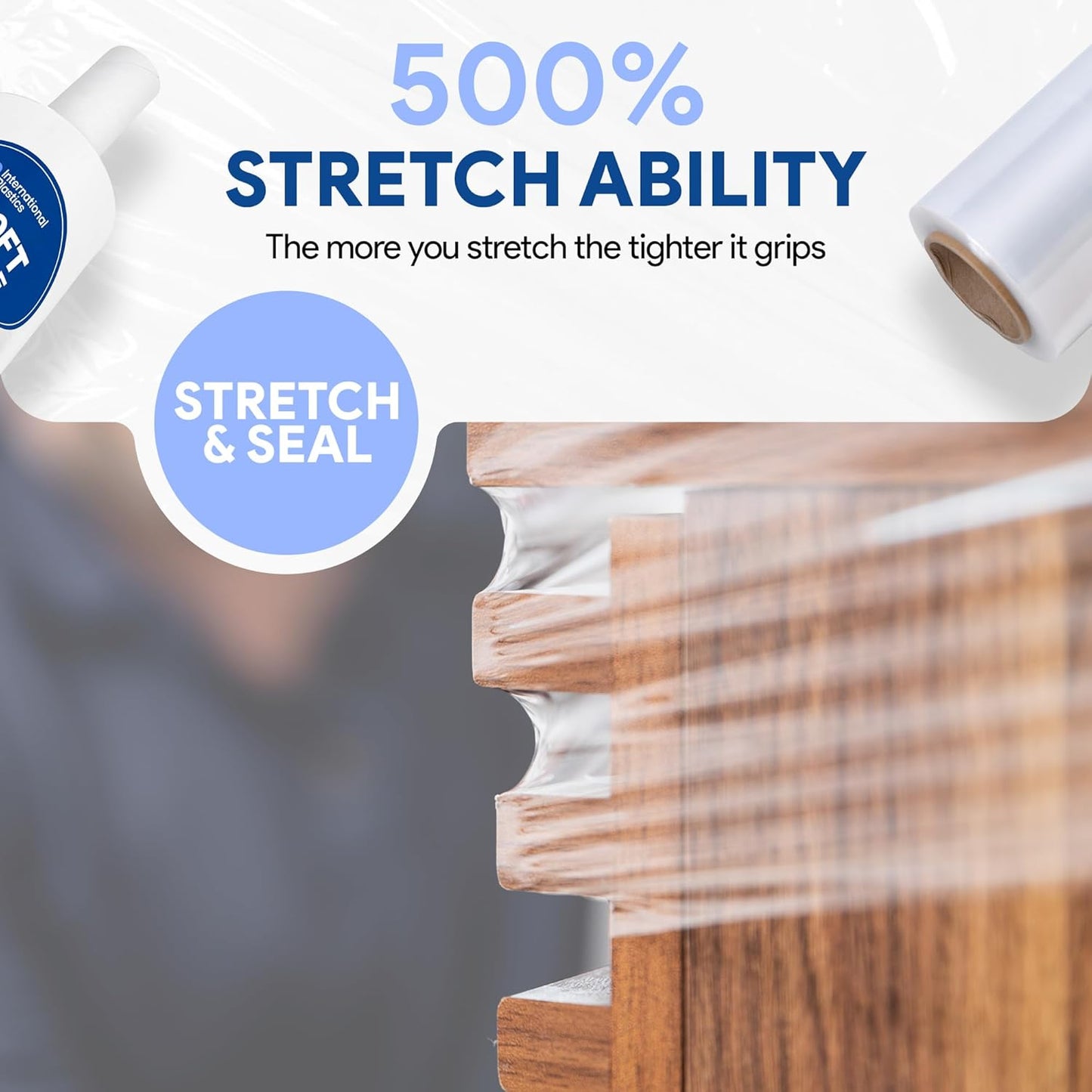 International Plastics Co. 12 Pack of 5" Plastic Stretch Film Wrap with Handles 1000 feet Each 500% Stretch Ability