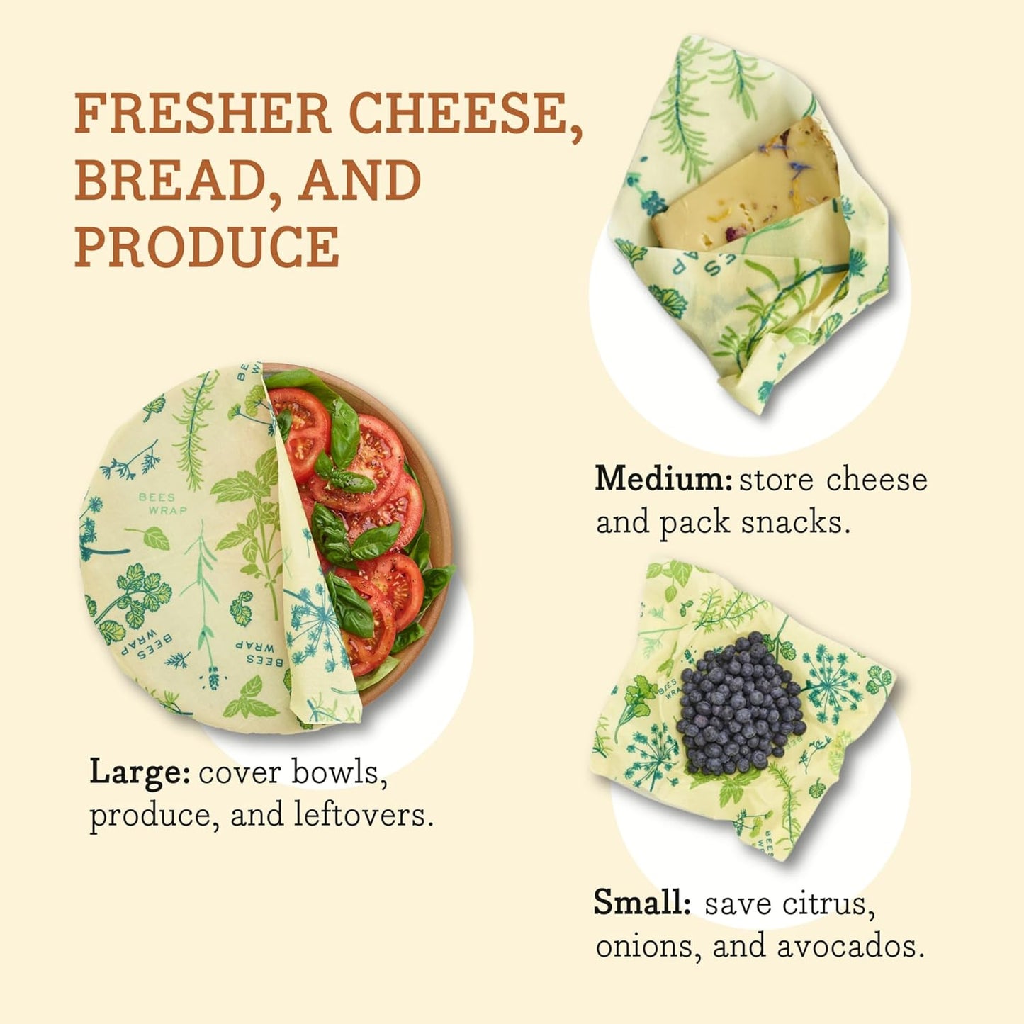 Bee's Wrap Vegan Beeswax Wraps for Food - Vegan Herb Garden 3 Pack (S, M, L) Made in USA Reusable & Organic Food Wraps, Sandwich Wrap & Bowl Covers - Eco Alternative to Aluminum Foil & Plastic Wrap
