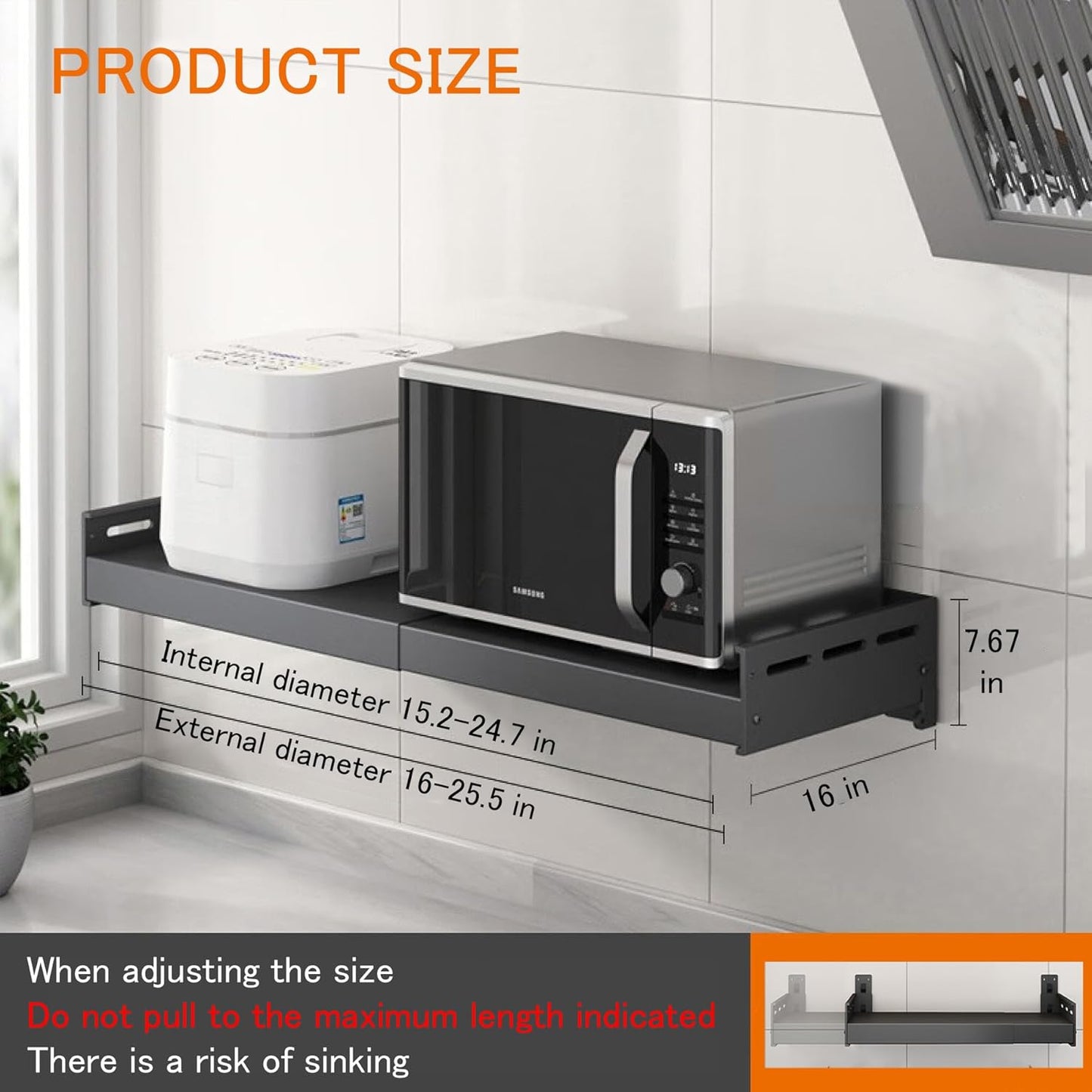 Retractable Stainless Steel Wall Rack, Commercial Storage Rack, countertop Multifunctional Storage Bracket, Kitchen Seasoning Rack for Electric Oven Microwave (16"~25.5" Black)