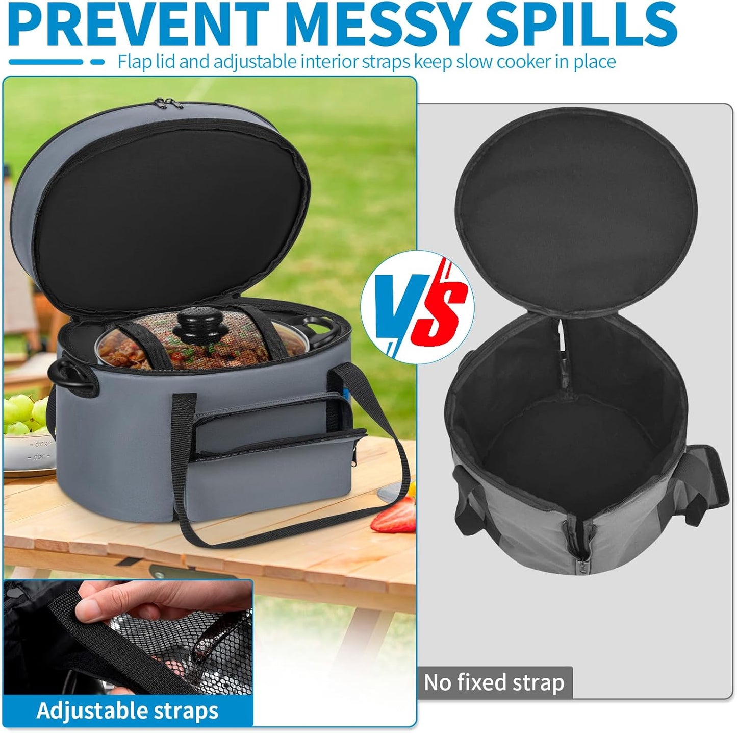 Double Layer Slow Cooker Travel Bag Compatible with 6, 7, 8 Quart Crock-Pot, Insulated Travel Carrier with Easy to Clean Lining, Grey