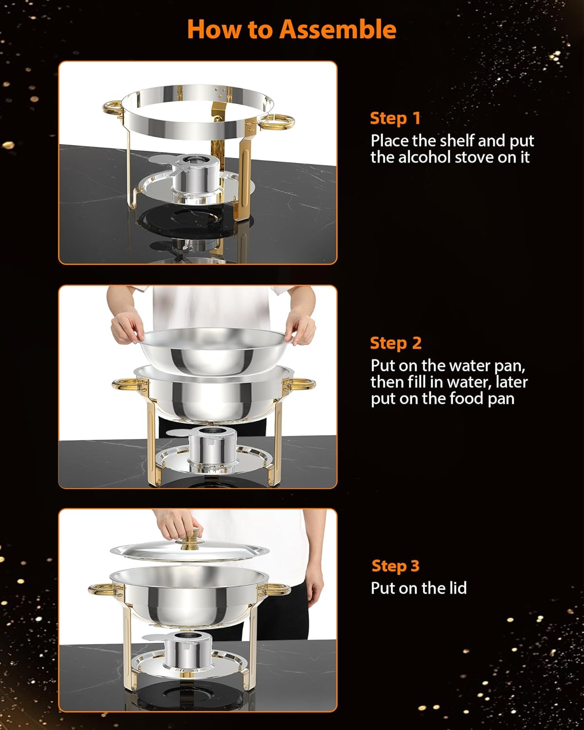 5QT 4 Packs Chafing Dish Buffet Set, NSF Round Stainless Steel Chafers and Warmers Food Servers Sets with Lid & Lid Holder, Spoon & Tweezer for Catering Events Parties Weddings Dinners, Gold