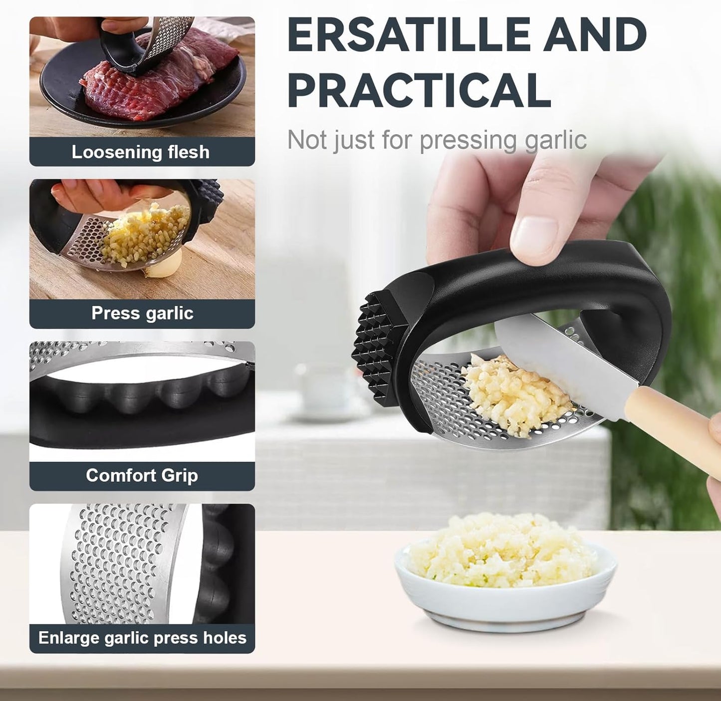 2 Pack Garlic Press Rocker Set – Innovative Stainless Steel Garlic Mincer & Crusher with 2 Peelers, 2 Scrapers, and 2 Brushes for Effortless Garlic Prep | Complete Garlic Tool Kit (BLACK)