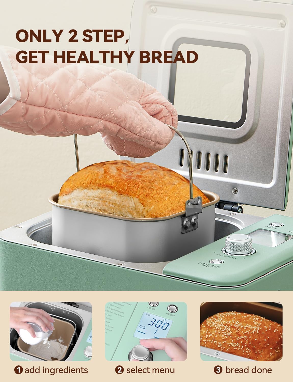 Neretva 20-IN-1 Bread Maker, Dual Heater 2LB Bread Machine Stainless Steel Bread Maker Machine Nonstick Ceramic Pan Compact for Gluten Free/Sourdough/Whole Wheat Bread/Yogurt, Breadmaker-Light Green