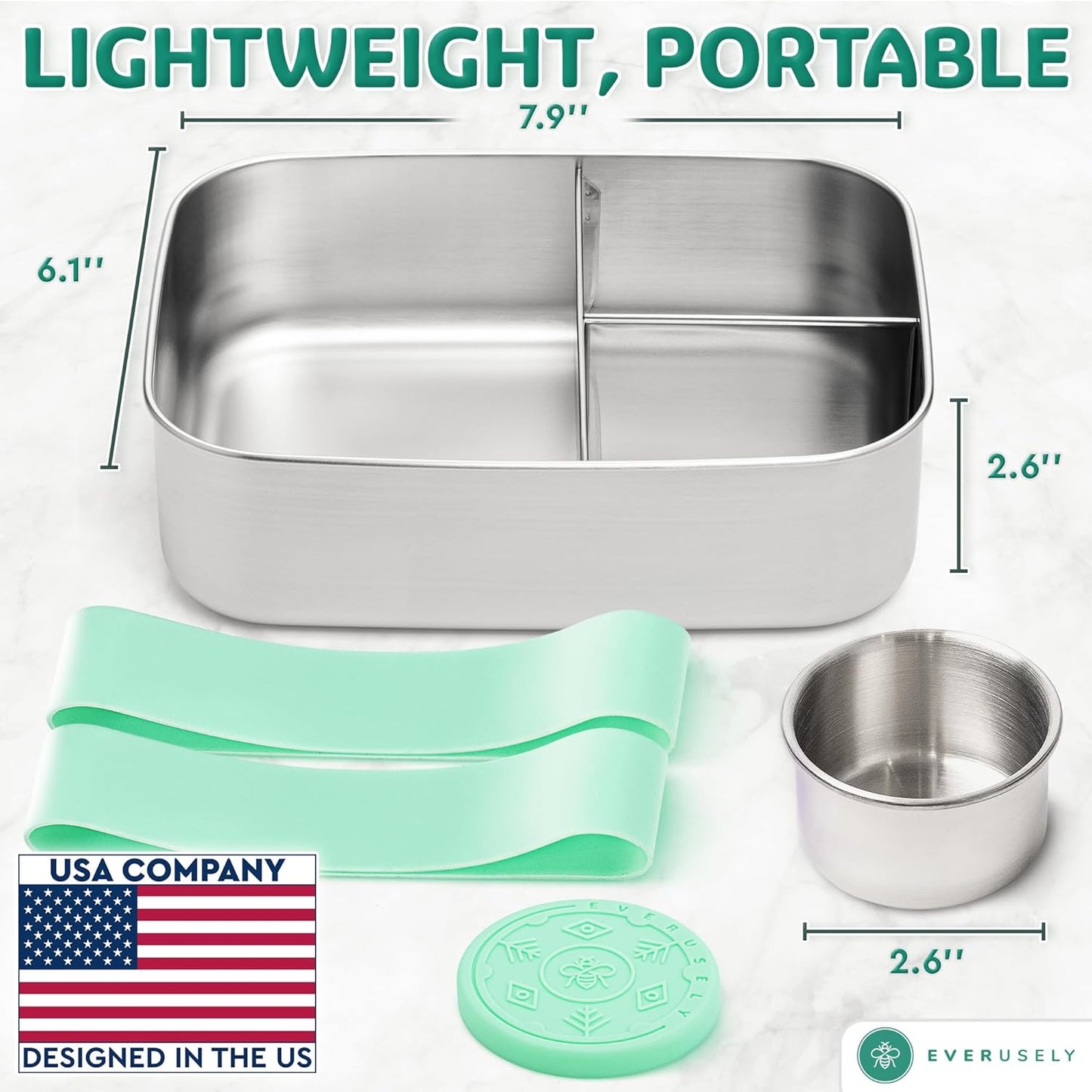 Everusely - Bento Box - Green, 47oz / 1.4 L - Stainless Steel Lunch Box with Leakproof Condiment Container - 3 Compartment Snack Organizer for On the Go Meals - Freezer & Dishwasher Safe