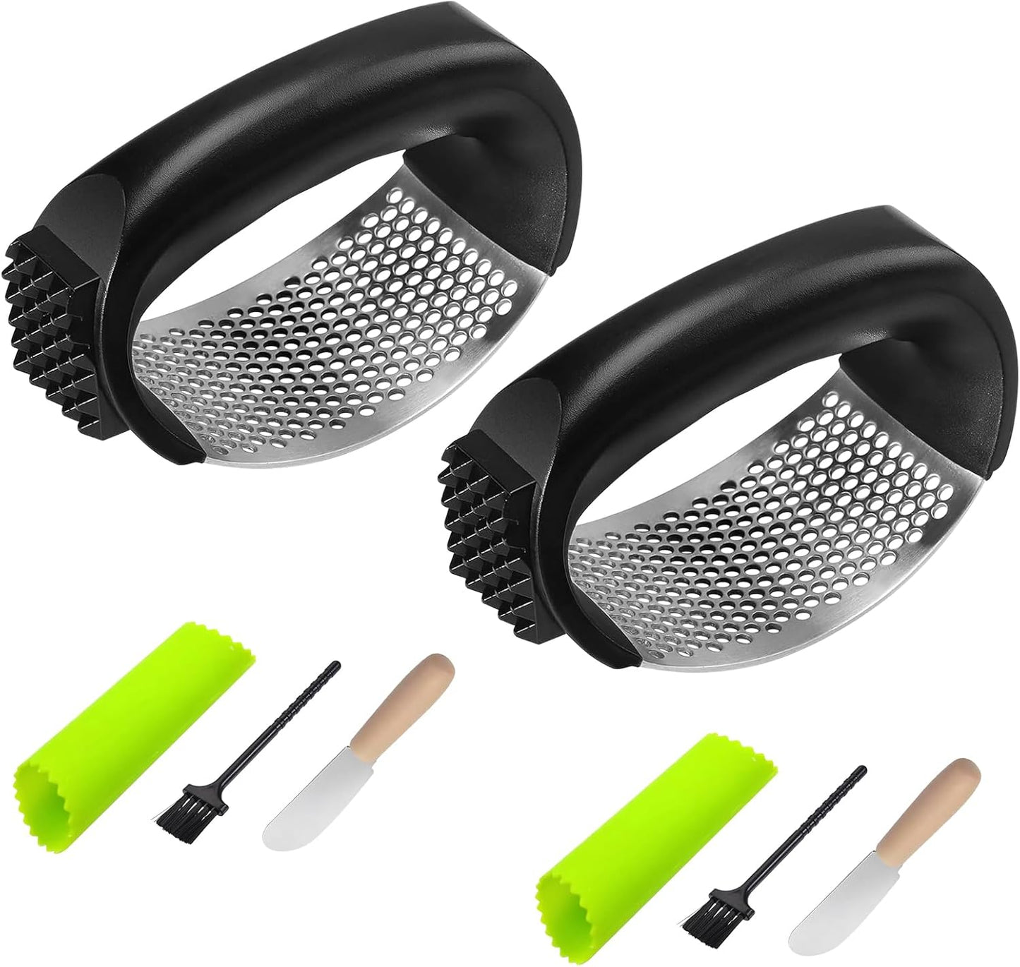 2 Pack Garlic Press Rocker Set – Innovative Stainless Steel Garlic Mincer & Crusher with 2 Peelers, 2 Scrapers, and 2 Brushes for Effortless Garlic Prep | Complete Garlic Tool Kit (GREEN)