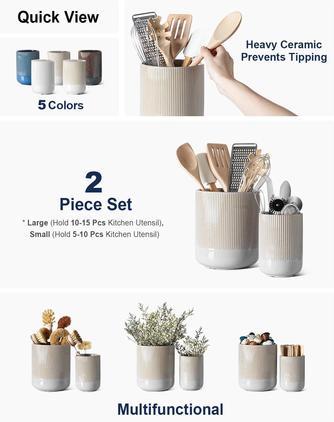 LE TAUCI Utensil Holder, 7.3"+5.4" Ceramic Kitchen Utensil Holder for Countertop, Large Cooking Utensil Crocks for Kitchen Counter, Morden Utensil Organizer for Spatula, Set of 2, Glaze Marble Gray