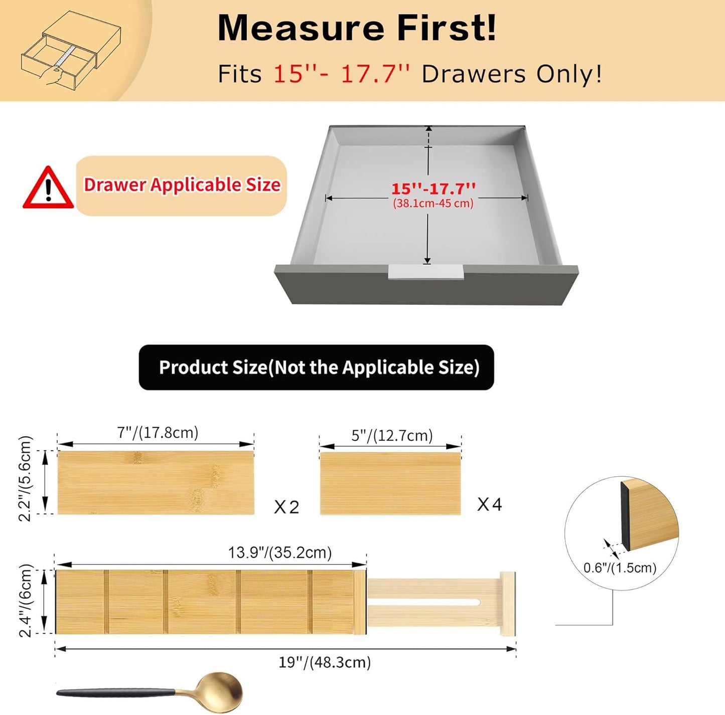 Utoplike 4 PCS Bamboo Kitchen Drawer Dividers with Inserts(Fits 15"-17.7" Drawer Inner Size), Adjustable Drawer Organizers for Socks, Spring Loaded, for Bedroom, Dresser, Bathroom