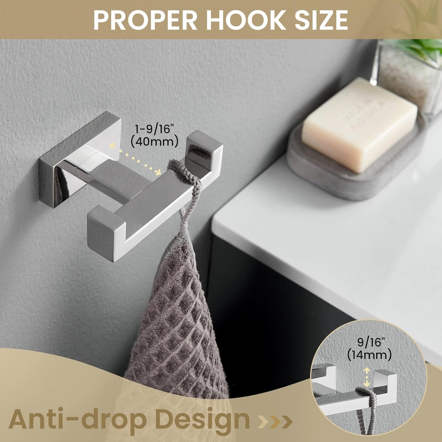 Suyar Double Towel Hook, SUS304 Stainless Steel Bathroom Hand Towel Holder, Bath Coat Robe Hanger Polished Chrome, Wall Mounted