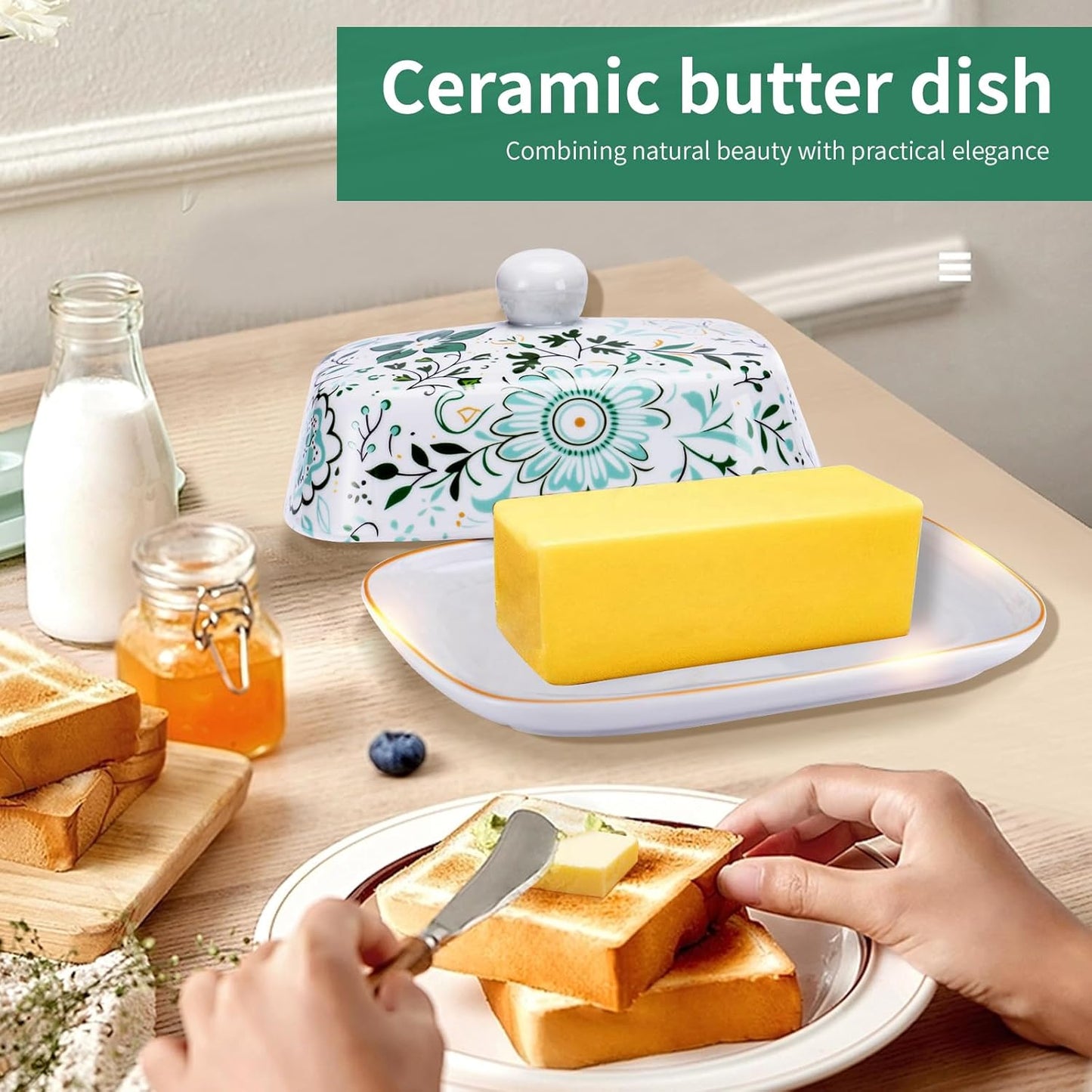Butter Dish With Lid For Countertop-Ceramic Butter Dish with Knob Handle-Dishwasher Safe Butter Keeper&Serving Tray,Large Storage Keeper Holder for Kitchen-Elegant Gift for Women,Mothers,Housewarming