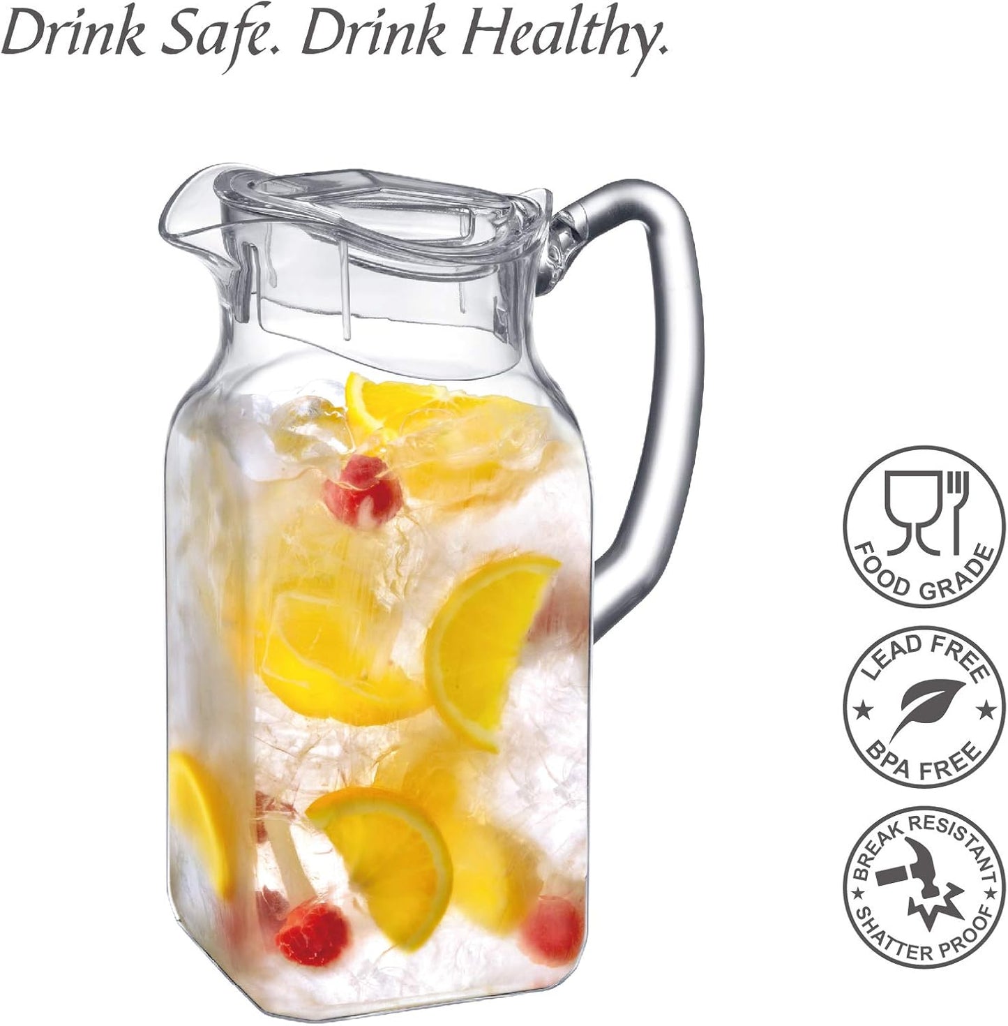 Amazing Abby - Quadly - Plastic Pitcher (64 oz, 2 Quart), Clear Water Pitcher with Lid, Fridge Jug, BPA-Free, Shatter-Proof, Great for Iced Tea, Sangria, Lemonade, Juice, Milk, and More