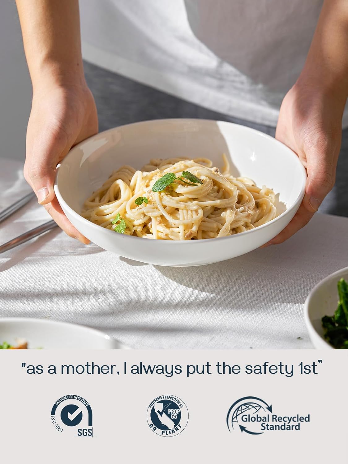 DOWAN 8.5" Pasta Bowls Set of 4, 30oz White Ceramic Shallow Dinner Bowls for Salad, Soup & Pasta, Stackable and Easy to Clean, Ideal for Everyday Use & Housewarming Gift