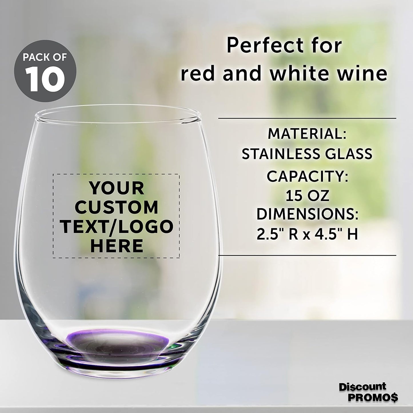 Custom Stemless Wine Glasses in Bulk by ARC Perfection, 15 oz, 10 pack, Personalized Text, Logo, Purple or White Wine Glass Set, Purple