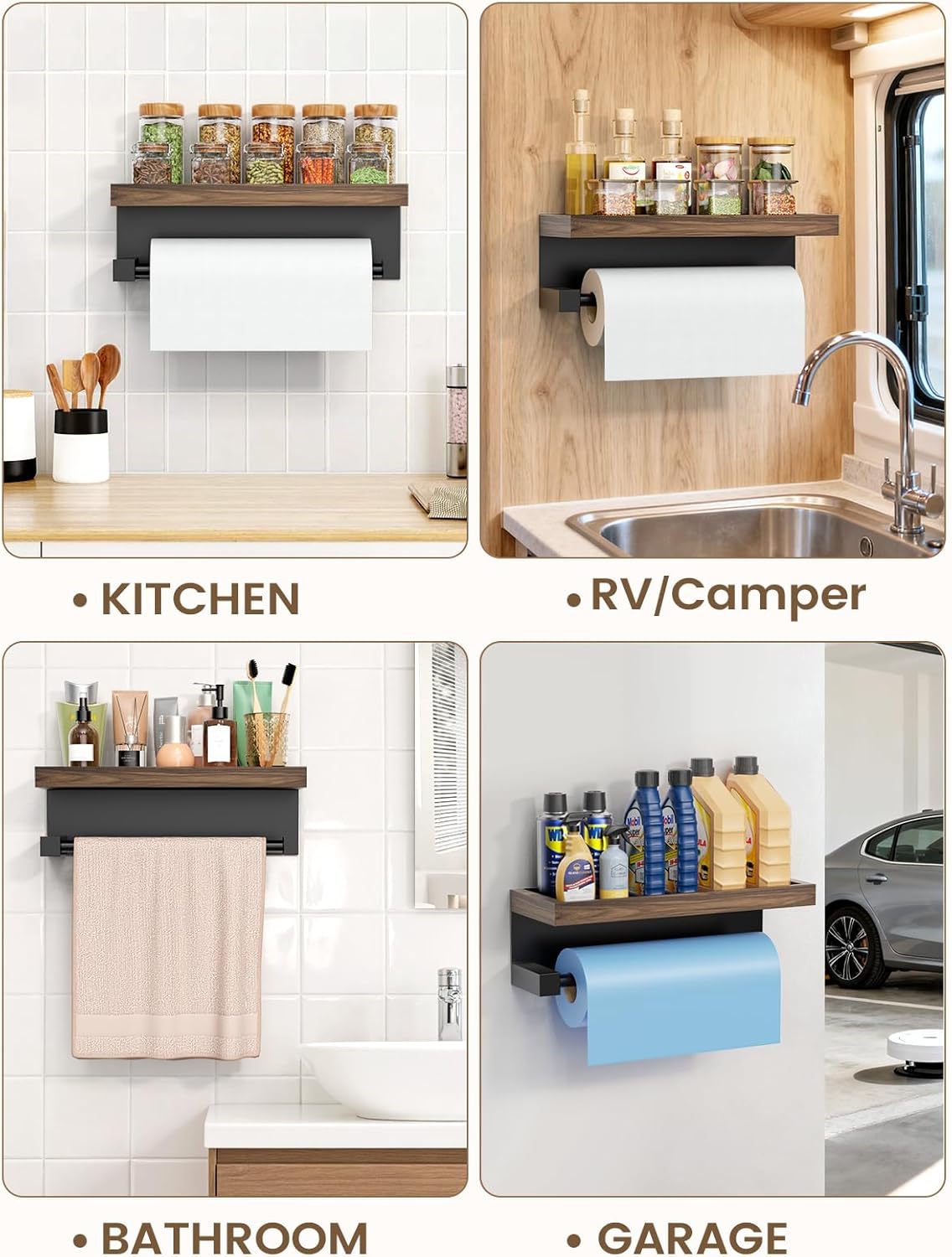 3-in-1 Paper Towel Holder Magnetic Adhesive Wall Mount - Paper Roll Holder with Shelf Under Cabinet, Kitchen Essentials for New Home Apartment Decor, RV Camper Organization Must Haves, Rustic