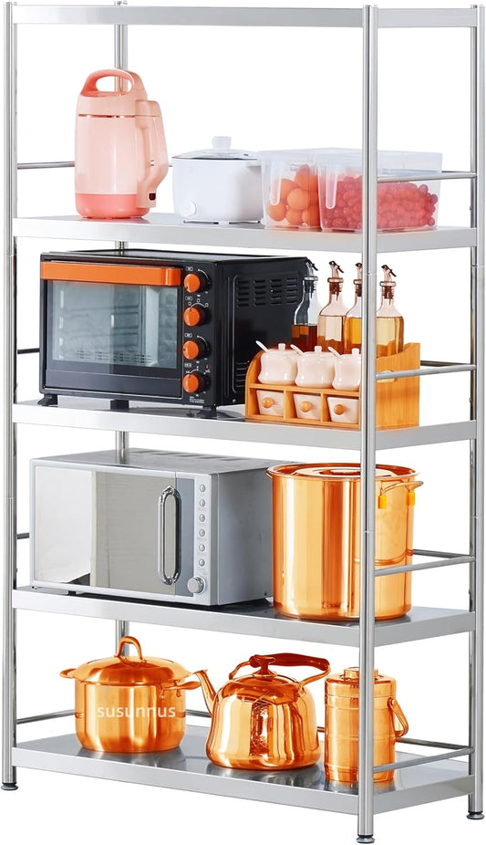 susunnus 5-Tier Stainless Steel Shelf, Heavy Duty Shelving for Kitchen, Garage, Industrial Storage, Kitchen Shelves with Guardrails, Adjustable Feet, Easy to Clean