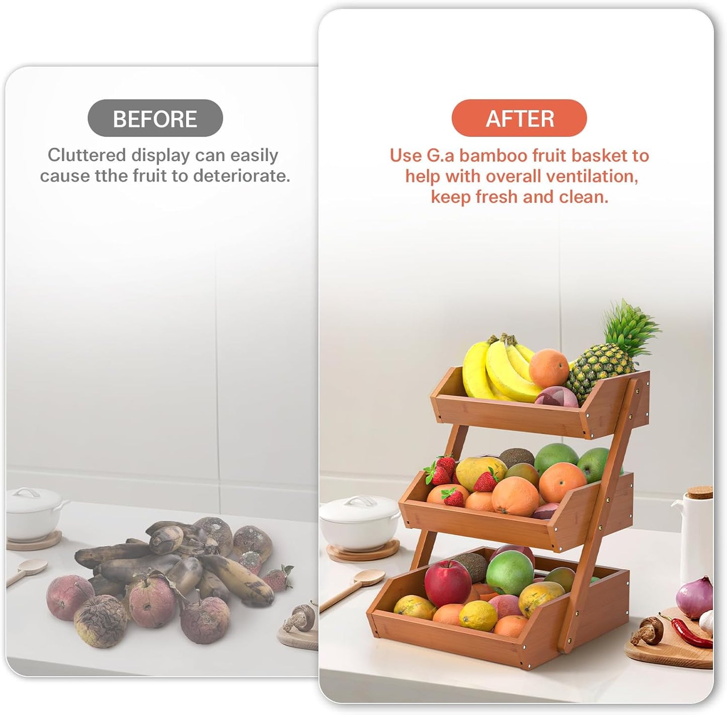 G.a HOMEFAVOR Fruit Basket for Kitchen, 3-Tier Fruit Bowl for Kitchen Counter, Vegetable Storage Stand for Fruit Shop, 15 mm Thickness, Brown