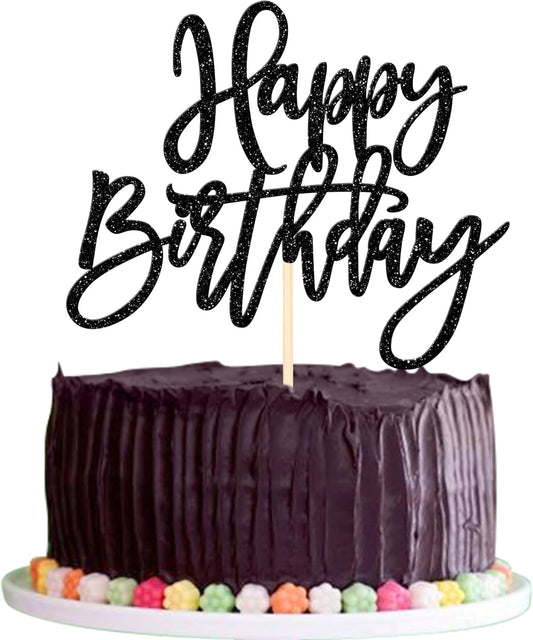 ZHUOWEISM 1 PCS Happy Birthday Cake Topper Glitter Happy Birthday Cake Pick for Celebrating Happy Birthday Anniversary Theme Party Cake Decorations Supplies Black