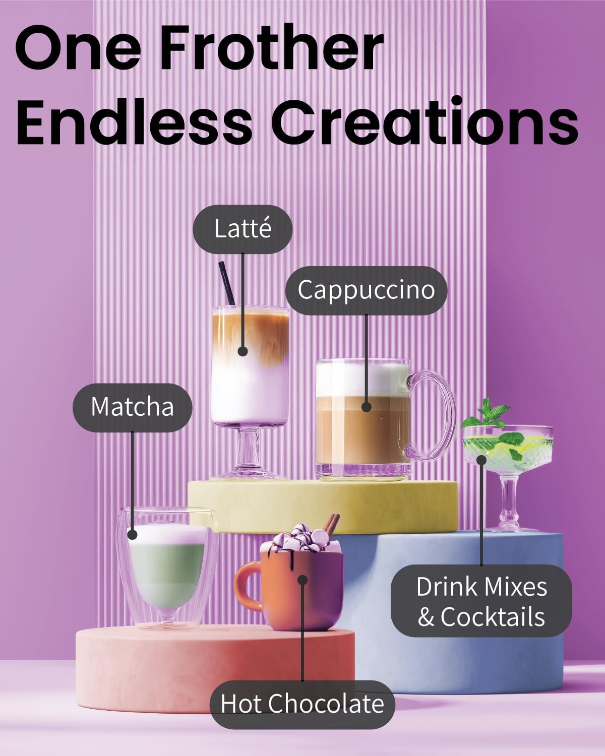 Elementi Powerful Frother Wand – Lightweight Milk Frother & Drink Mixer Handheld, Matcha Whisk for Dreamy Lattes, Powerful Coffee Mixer Wand & Blender Stirrer - Make Creamy Cappuccinos at Home (Black)