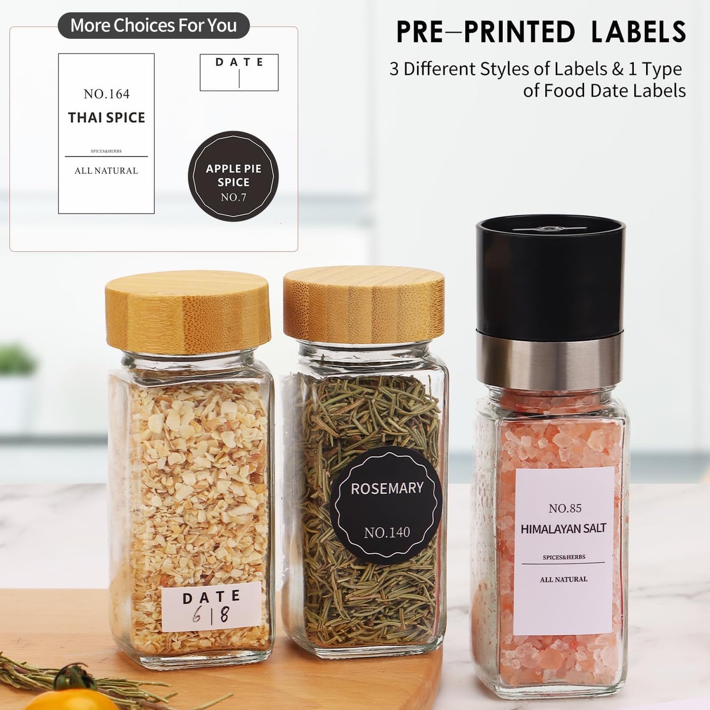 Spice Jars - 24 Pcs, Spice Jars with Labels, Glass Seasoning Jars with Bamboo Lids, Seasoning Containers,Empty Glass Spice Container Set , Seasoning Organizer, Kitchen Set, with Pepper Grinder