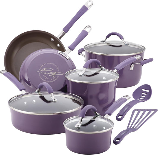 Rachael Ray Cucina Nonstick Cookware Pots and Pans Set, 12 Piece, Lavender Purple