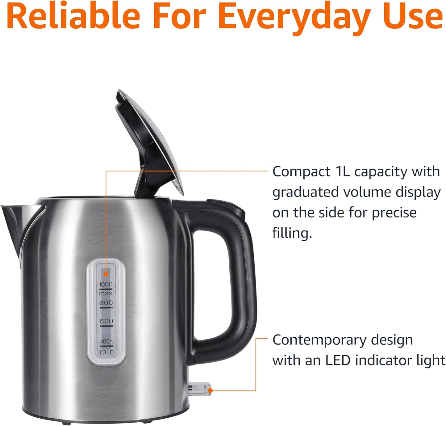 Amazon Basics 1.1Qt (1L) Electric Kettle, Tea Kettle & Water Boiler, with Auto Shut-Off, Boil Dry Protection, High-Safety Strix Thermostat, BPA-Free, 1500W, Stainless Steel, New Model, Black & Silver