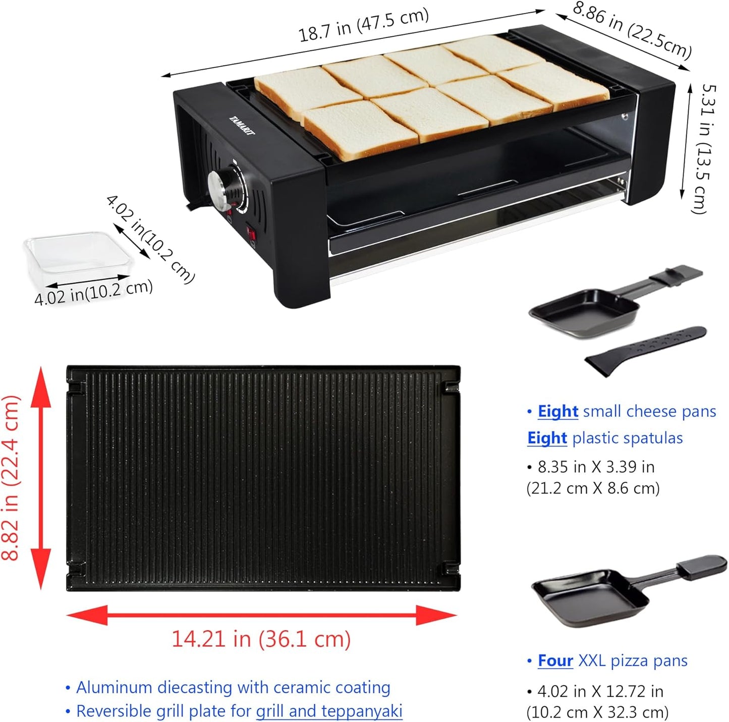 TAMARIT Raclette Party Grill Portable Indoor Electric Korean BBQ Grill 2 in 1 Raclette Table Grill with Nonstick Coating Grill Plate 4 Pizza Pans 8 Cheese Trays Upper & Lower Heater,PFAS-No