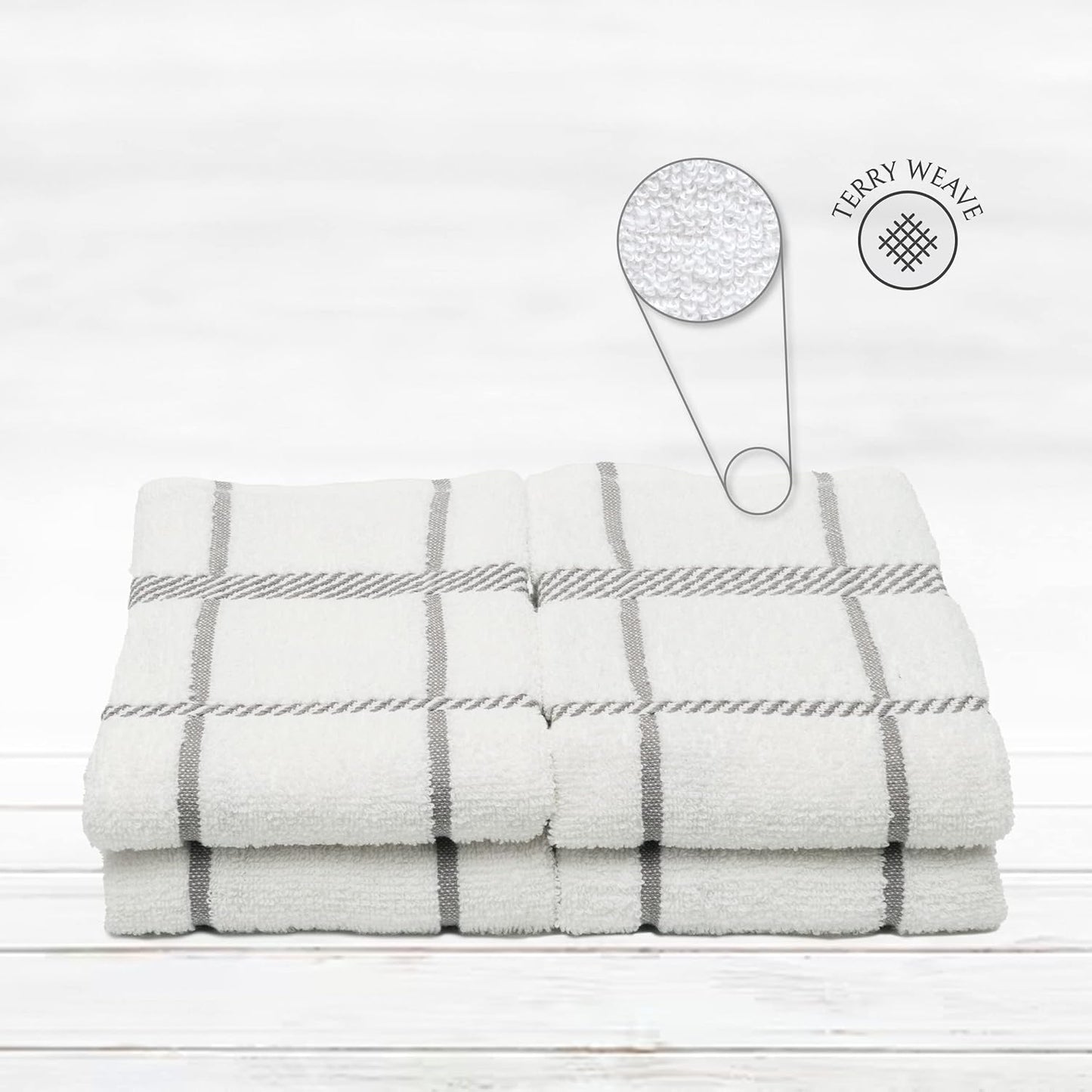 100% Cotton Terry Dish Towels, 4 Pack Checks, 16 x26 Inches, Super Soft and Absorbent Kitchen Towels, Perfect for Kitchen Cleaning and Dish Washing | Light Gray