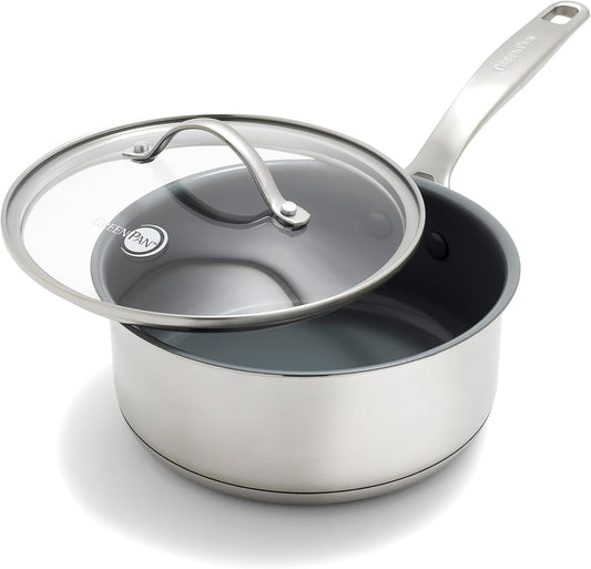 GreenPan Stainless Steel Treviso 2.1QT Saucepan with Lid, Healthy Ceramic Nonstick, PFOA-Free PFAS-Free, Induction, Dishwasher Safe, Oven Safe, Even Heating, Silver