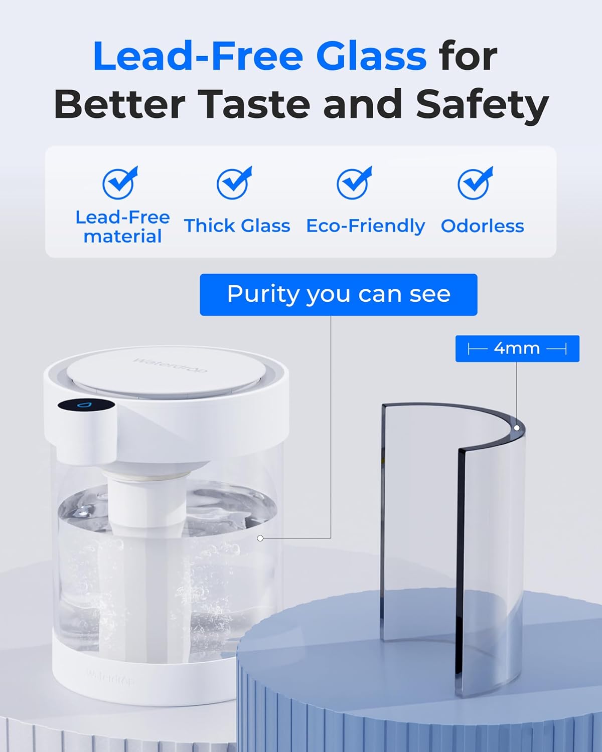 Waterdrop 0 TDS Glass Rechargeable Water Filter Dispenser, 4-Stage Zero TDS Electric Instant Pitcher, Reduce Chlorine, Lead, Copper, Large 22-Cup Countertop Water Filtration System, with 1 Filter