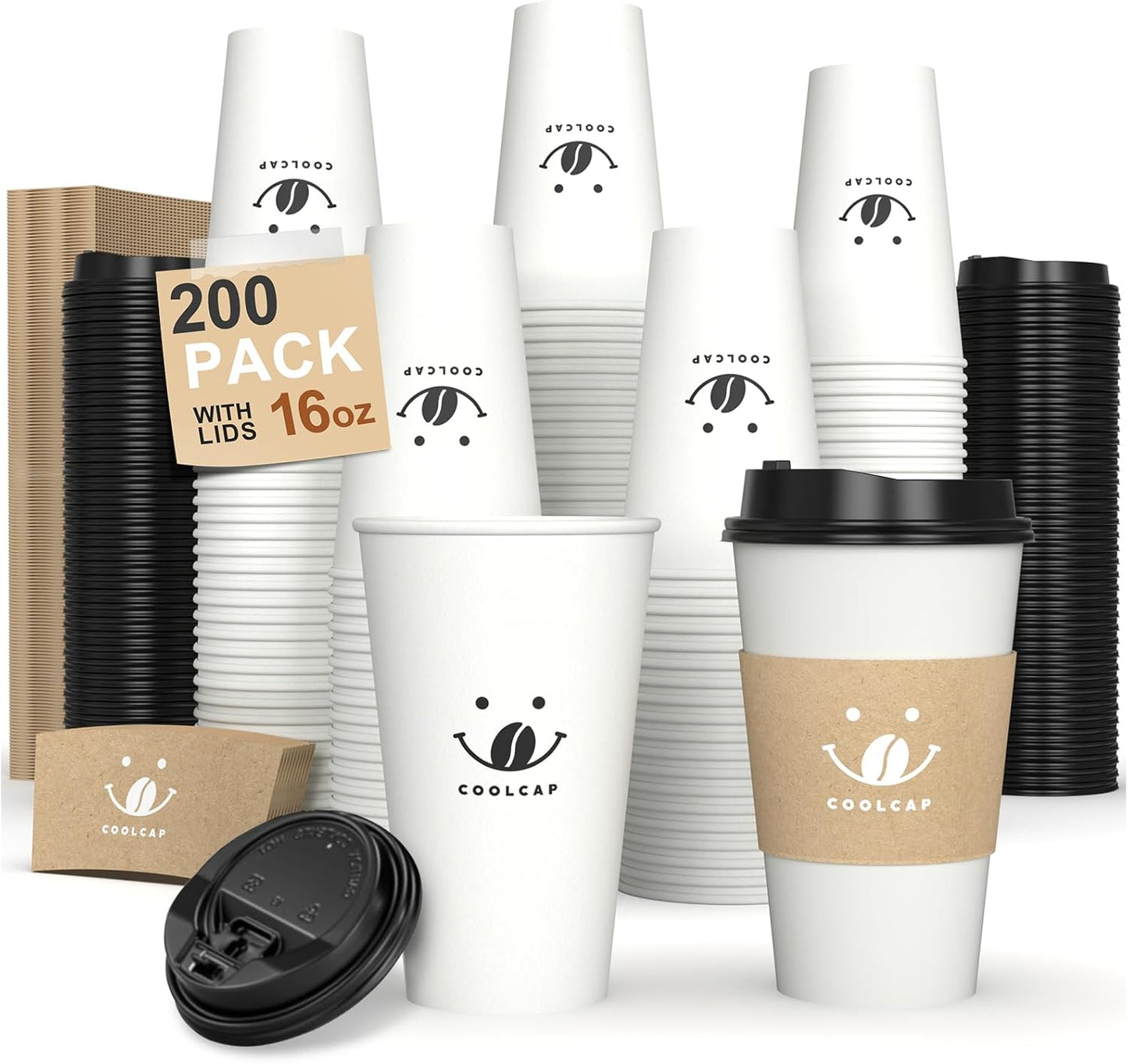 Coffee Cups with Lids and Sleeves, 16 Ounce 200 pack To Go Coffee Cups with Lids, Paper Hot Cups for Hot & Cold Beverage (White, 16 Ounce)