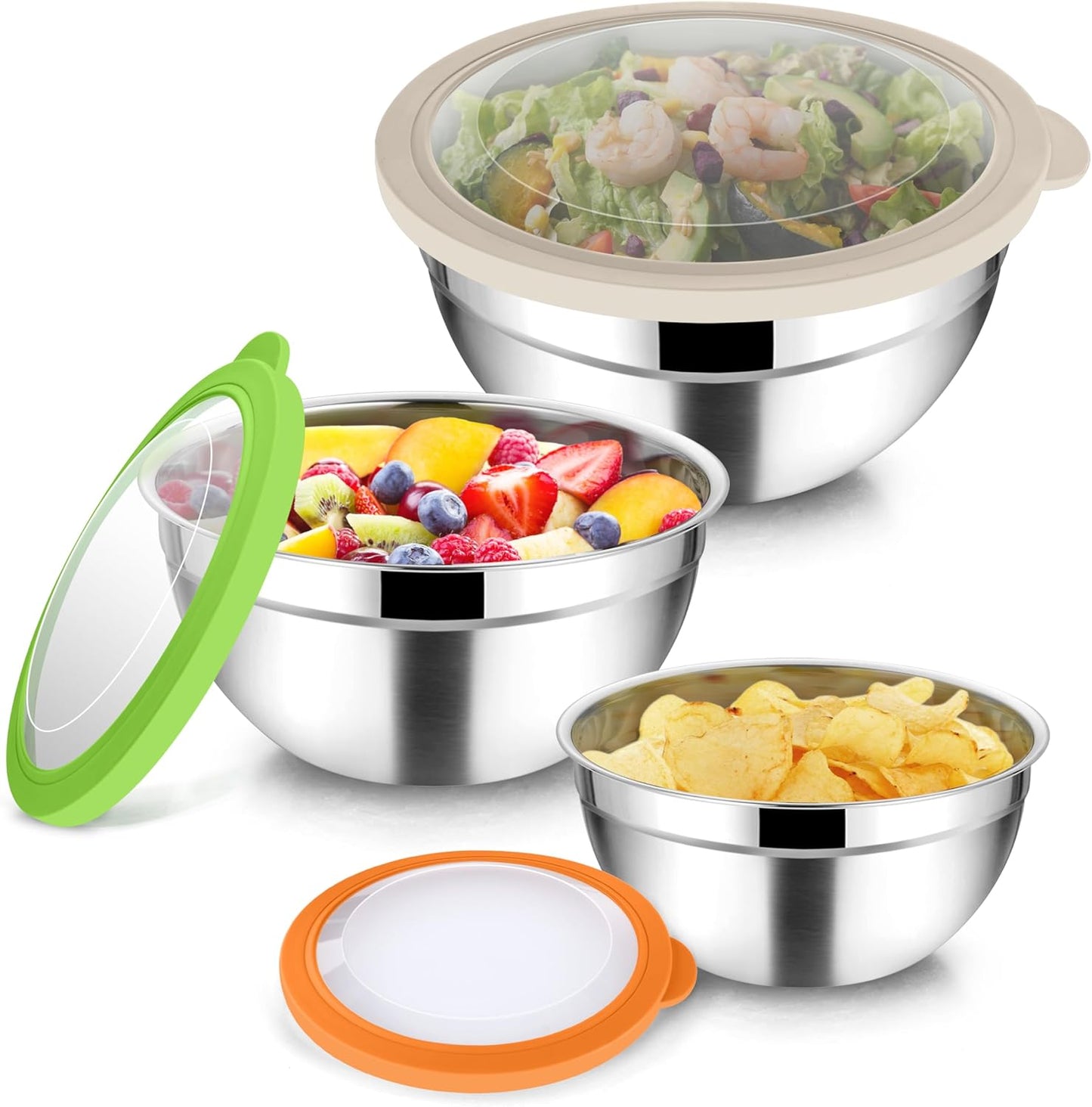 TeamFar Mixing Bowls, 4.5/3/1.5 QT Stainless Steel Nesting Salad Bowls with Airtight Lids, For Serving/Mixing/Storing/Prepping, Non-Toxic & Sturdy, Visible & Easy Clean, Multi-Color, Set of 3