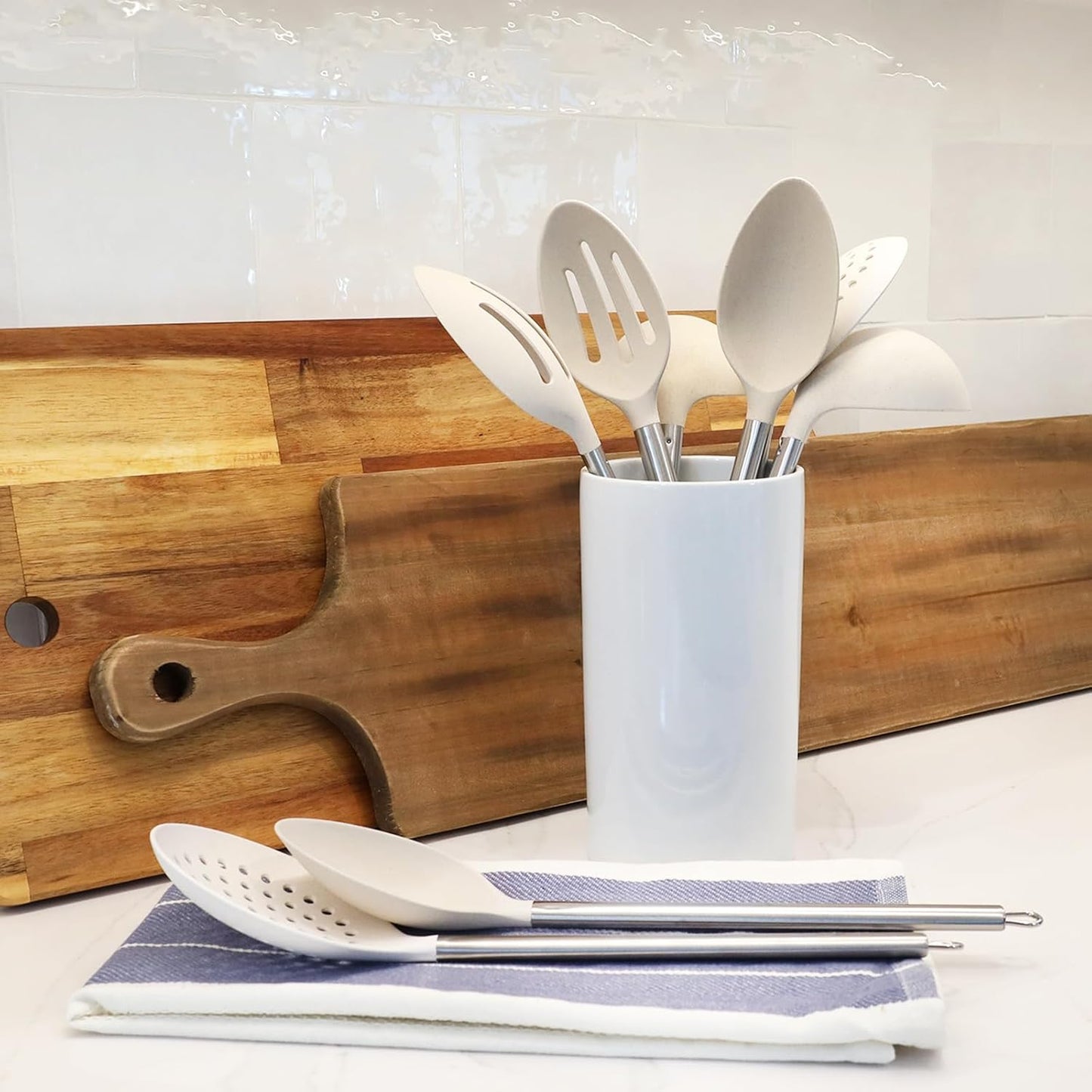 Beille Cream Wheat Straw Spoon with Stainless Steel Handle Kitchen Utensils, 13 Inch