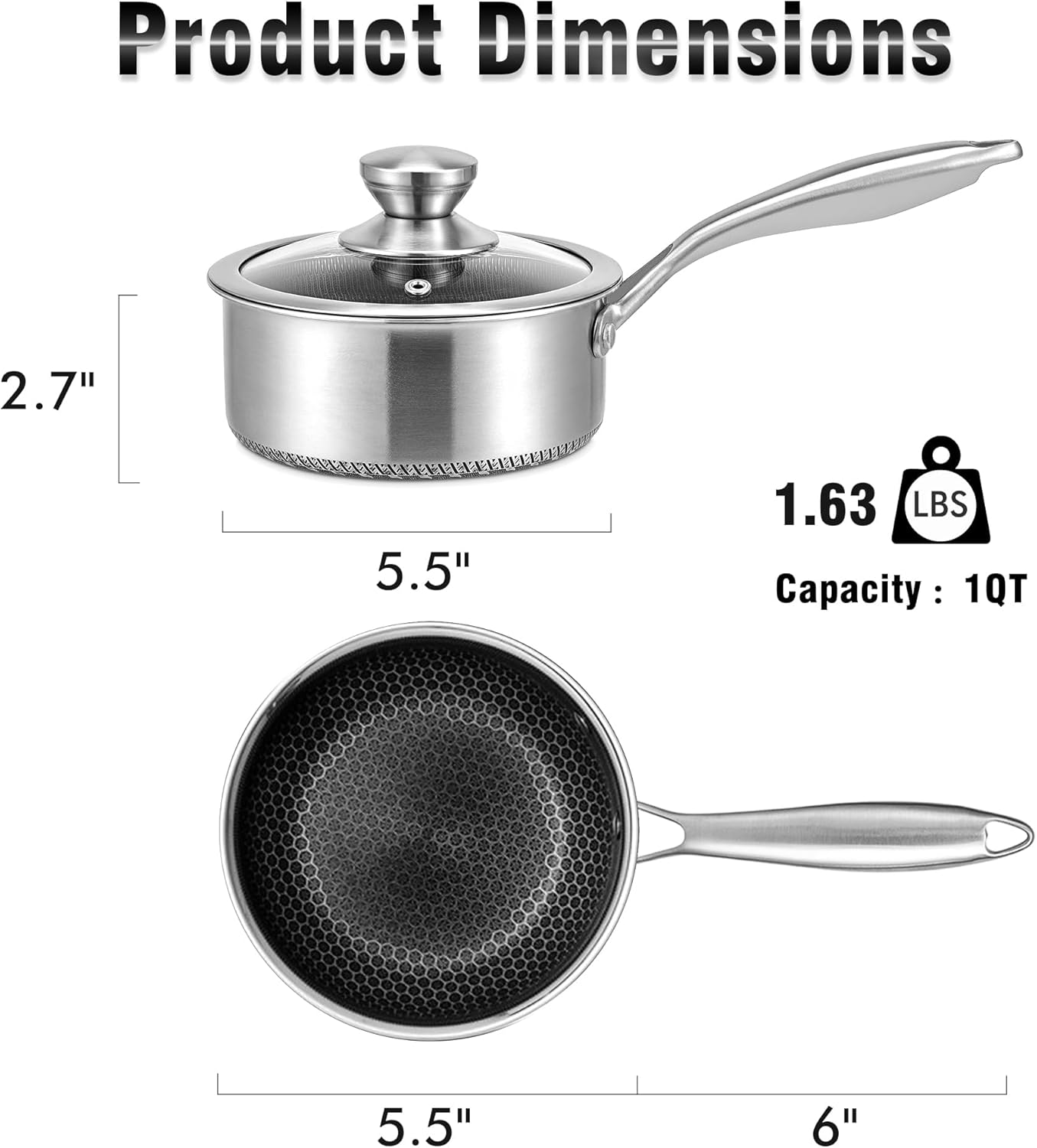 AuFranc™ Hybrid Nonstick 1 Quart Stainless Steel Saucepan with Glass Lid, Induction Sauce Pan with Honeycomb Carving, Non-stick Sauce Pot Compatible with All Cooktops, Dishwasher Safe, Non-Toxic