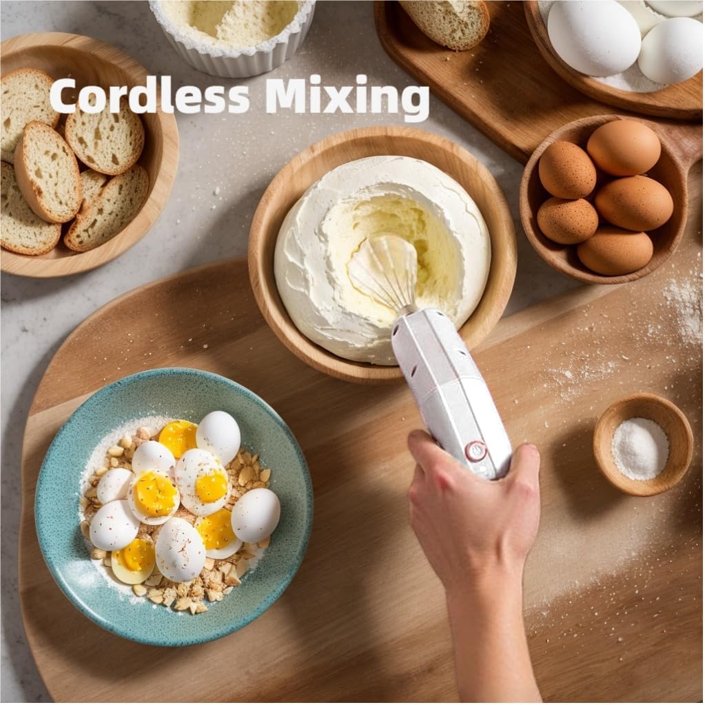 Cordless Hand Mixer, Foldable Design Handheld Electric Whisk with 3 Speed Modes, Hand Held Egg Beater with 2 Detachable Stir Whisks (White)