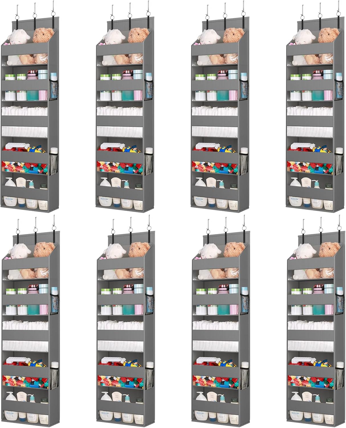 Lifewit 8 Packs Over the Door Organizer, 5 Shelf Clear Window Hanging Storage with 4 Mesh Side Pockets, Anti Tilt 40 lbs Load Behind Door for Pantry, Nursery, Bathroom, Bedroom, Kitchen, Dorm, Grey