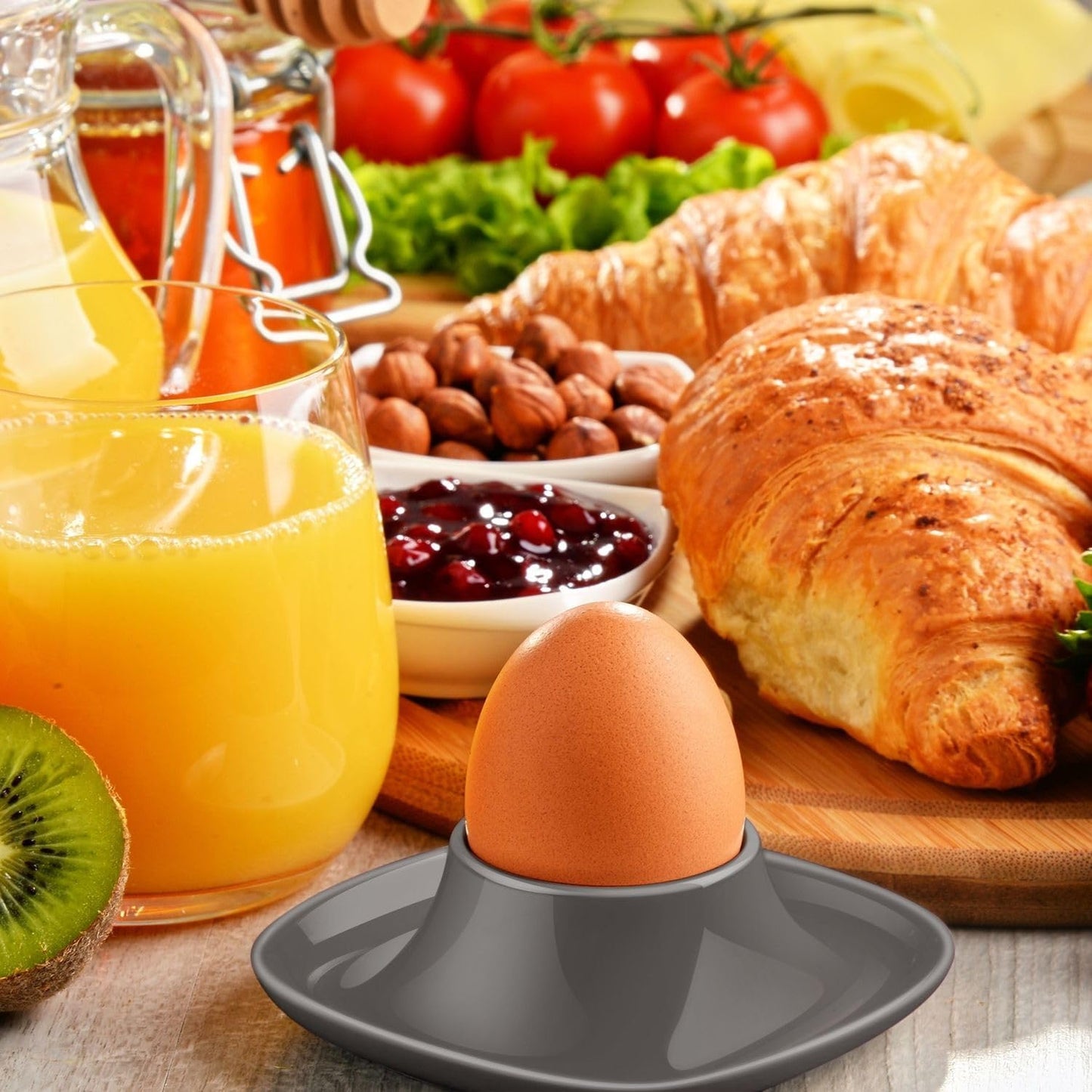 Flexzion Egg Cups for Soft Boiled Eggs - Set of 6 Ceramic Egg Holder - Stackable Egg Coddler Cups with Base for Serving, Breakfast, Brunch - Kitchen Table Decor, Gray