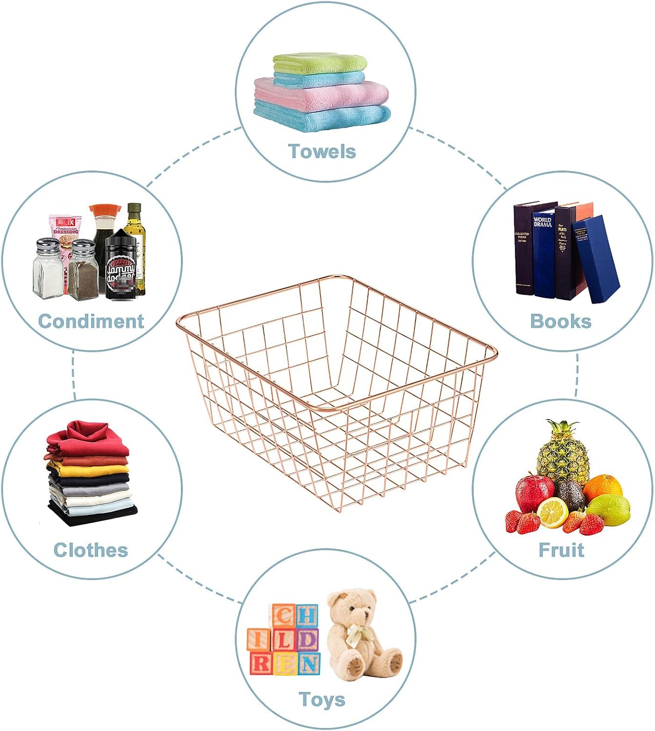 Wire Kitchen Storage Basket 5 Packs,Perfect Pantry Organization Accessories Baskets,Laundry Basket,Countertop Organization,Suitable for Kitchen,Bathroom,Bedroom,Tabletop,Rose gold