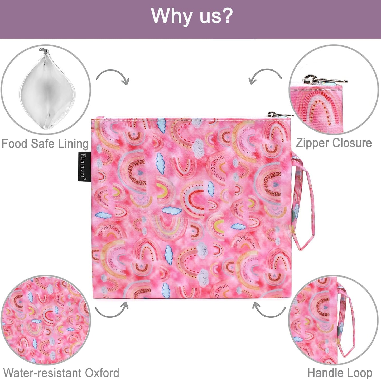 Reusable Sandwich Bag/Snack Bag for Kids & Adults, Dual Layer Lunch Bag with Handle, Washable, Food Safe, BPA Free (1-Pack, Rainbow)