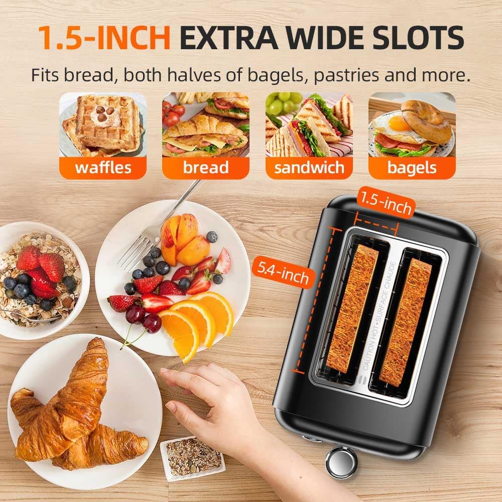 Black Toaster 2 Slice, Extra Wide Slot Toaster for Bagels, Bread, Waffles, 7 Shade Settings, 4 Main Functions, Removable Crumb Tray, 900 Watts Toasters, Black Stainless Steel